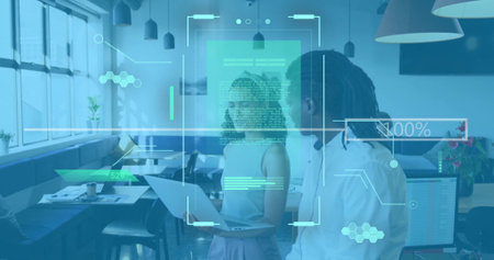 Image of diverse group of colleagues analyzing data on laptop in office. biracial female and...
