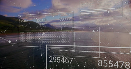 Image of data processing over landscape. Global business, connections, computing and data processing concept digitally generared image.の写真素材