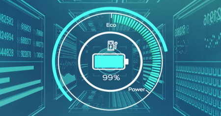 Image of icon, texts in speedometer with changing numbers over blue background. Digitally generated,...