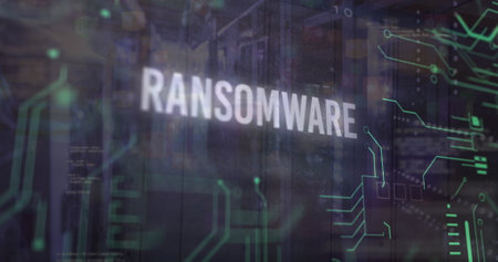 Image of ransomware, computer language, circuit board pattern over data server room. Digital composite, malicious software, coding, programming language, data center and technology concept.の写真素材