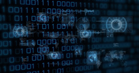 Image of binary codes, radars, maps, globes and computer language over black background. Digitally...
