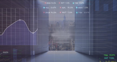 Image of graphs and trading boards, modern cityscape through open window. Digital composite,...
