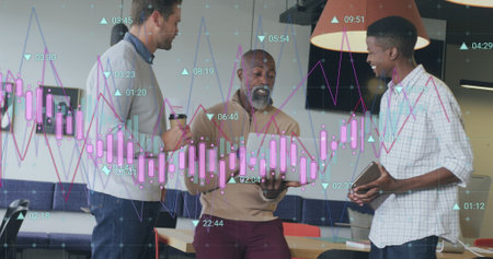 Image of multiple graphs with changing numbers, diverse coworkers discussing in office. Digital...