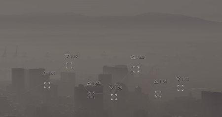 Image of data processing against aerial view of cityscape. Computer interface and business technology conceptの写真素材