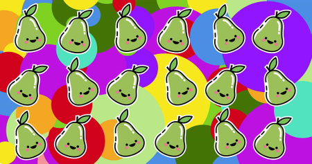 Image of smiling pears in rows over colourful spots. Fruit, food, healthy eating, pattern and background, digitally generated image.の写真素材