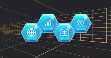 Image of multiple digital icons over tunnel in seamless pattern against black background. Eco-friendly sustainable energy and business technology conceptの写真素材