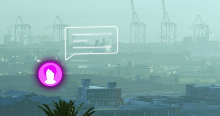 Image of neon profile and message icon against aerial view of cityscape. Social media networking and...
