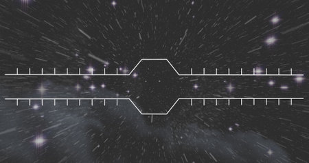 Image of white frame with markers over prism and glowing stars on night sky. digital interface global connection and communication concept digitally generated image.の写真素材