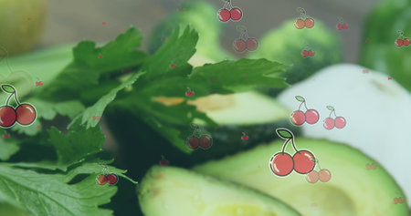 Fresh vegetables, including cucumber and celery, resting on table. Small illustrations of cherries floating above, adding a whimsical touchの写真素材