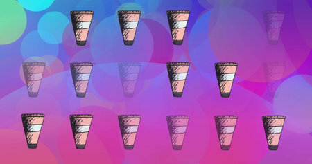 Image of tubes of makeup cream over blue and pink light spots. Fashion, beauty, makeup, social media, digital interface and communication background, digitally generated image.の写真素材