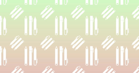Image of set of pen icons in seamless pattern against pink and green gradient background. School and education conceptの写真素材