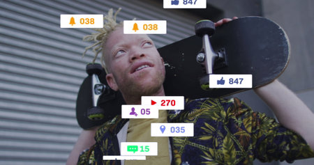 Image of social media data processing over albino man with skateboard in city. Global computing,...