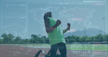 Mixed-race high schooler in green shirt, black shorts runs on track. He has dark skin, black hair, and is interacting with futuristic holographic displaysの写真素材