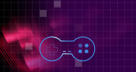 Imagegame controller icon over grid network against abstract shapes on purple background. imagegame interface and technology conceptの写真素材