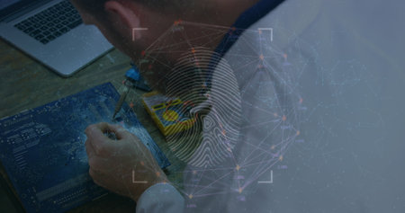 Image of fingerprint over caucasian man with plan. Global business and digital interface concept digitally generated image.の写真素材