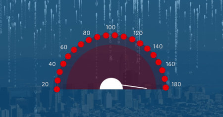 Image of speedometer and binary coding against aerial view of cityscape. Global networking and...