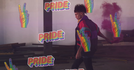 Image of pride and rainbow hands over african american male protester with smoke. supporting lgbt...
