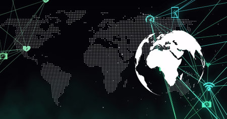 Image of globe over network of connections and data processing on black background. Global connections networks and digital interface concept digitally generated image.の写真素材