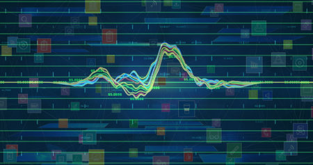 Image of statistics and data processing over icons. global business, digital interface and technology concept digitally generated image.の写真素材