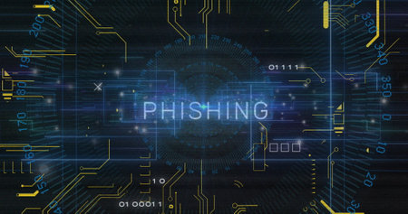 Image of phishing text and data processing over circuit board on dark background. Global business, digital interface, computing and data processing concept digitally generated image.の写真素材