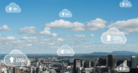 Image of digital clouds with percent going up over cityscape. global connections, data storage and...