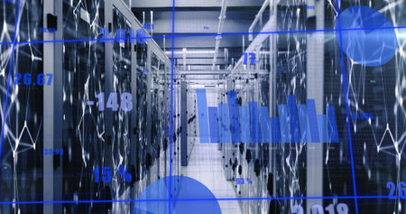 Image of statistical data processing and network of connections against computer server room. Global...
