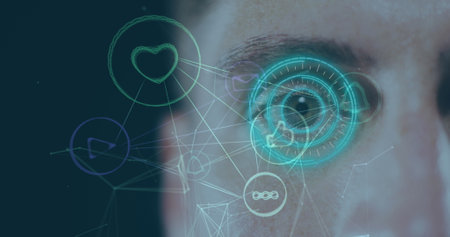 Image of network of connections and scope scanning over caucasian man. global business, connections and technology concept digitally generated image.の写真素材