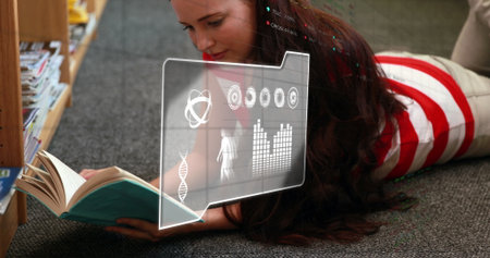 Image of data processing over caucasian female student reading. Global education and digital...
