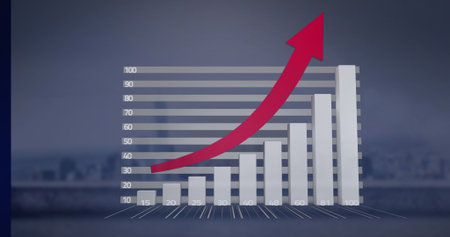Image of red arrow, statistics, data processing over cityscape. Global business, finance and data...
