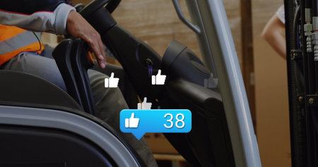 Image of notification label, numbers, icons, midsection of biracial woman driving forklift. Digital...