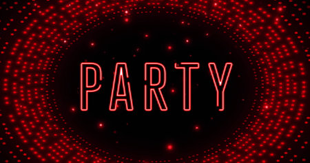 Image of party text over flashing red light pattern. Retro future, abstract background and digital interface concept digitally generated image.の写真素材