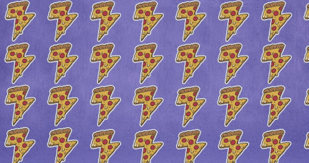 Image of pizza icons over purple background. Global social media, fast food and digital interface concept digitally generated image.の写真素材