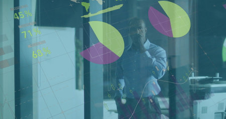 Image of data processing over african american businessman thinking. global business, finances,...