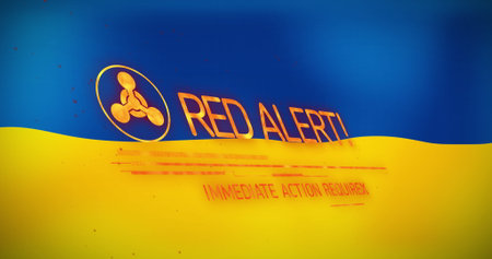 Image of red alert text banner with radioactive symbol against ukraine and eu flag background. Global emergency and safety conceptの写真素材