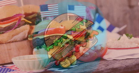 Image of burgers over burgers on table. World food day, nutrition, diet digitally generated image.の写真素材