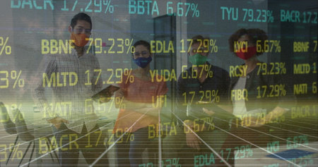 Image of financial data processing over business people wearing face masks working in office. Global covid 19, computing, finance, business and data processing concept digitally generated image.の写真素材