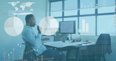 Image of data processing over african american businessman using computer. global business,...