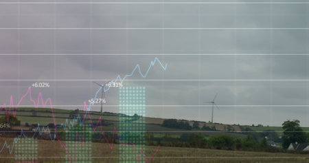 Image of financial data processing over wind turbine. global environment, sustainability, data processing and business concept digitally generated image.の写真素材