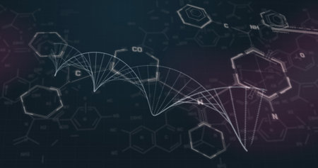 Image of dna strand and data processing over chemical formula on black background. global science, technology and digital interface concept digitally generated image.の写真素材