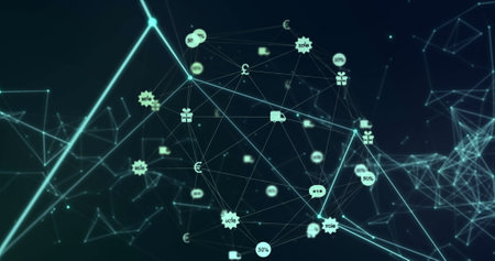 Image of connected dots and sale, gift, euro sign connected with lines forming globe. Digitally generated, telecommuting, globalization, shopping, surprise, finance, economy and technology.の写真素材