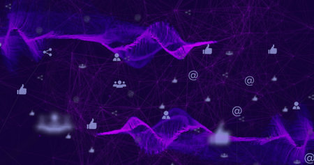 Image of social media icons connected with lines over mesh networks. Digitally generated,...