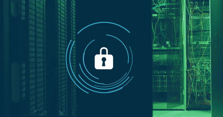 Image of padlock in loading circles over data server system in server room. Digital composite,...