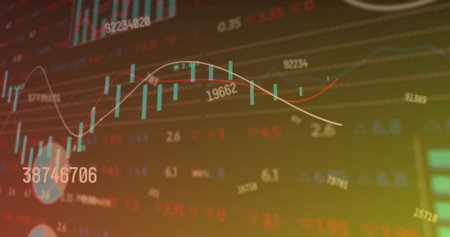 Image of changing numbers, statistical, stock market data processing on gradient background. Global...