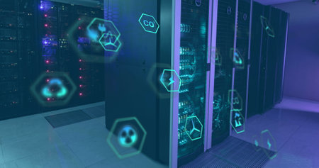 Image of icon in hexagons over data server racks in server room. Digital composite, multiple...