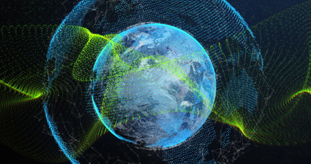 Image of dynamic waves over connected dots around globe against abstract background. Digitally generated, hologram, illustration, data, connection, communication, globalization, technology.の写真素材