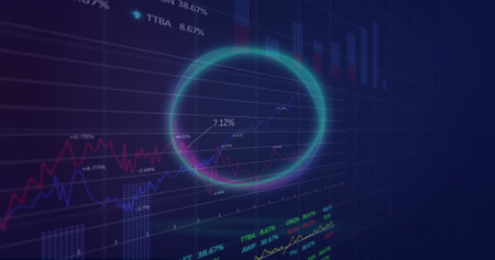 Image of neon round shape spinning over statistical and stock market data processing. Global economy and business data technology conceptの写真素材