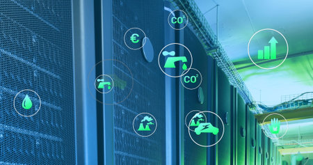 Server racks displaying various environmental and economic data icons. Green and blue lights...