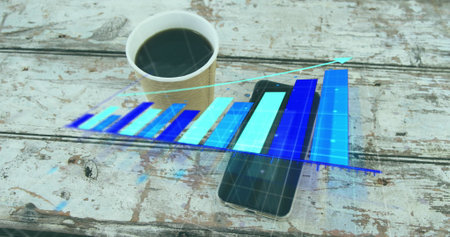 Image of arrow on growing graph over coffee cup and cellphone on wooden table. Digital composite, multiple exposure, report, business, growth, beverage and technology concept.の写真素材