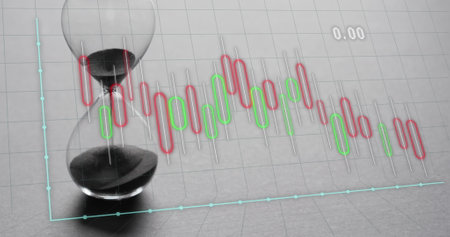 Image of financial data processing over hourglass. Global business, finances, computing and data...