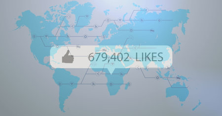 Image of thumbs up icon with increasing likes over world map against grey background. Social media...